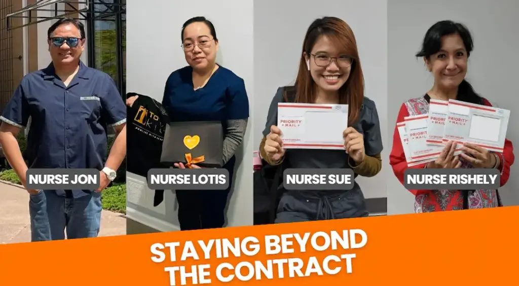 towne-kids-nurses-staying-beyond-the-contract-2 Four smiling individuals holding a trophy with their names displayed and the text “Staying Beyond the Contract