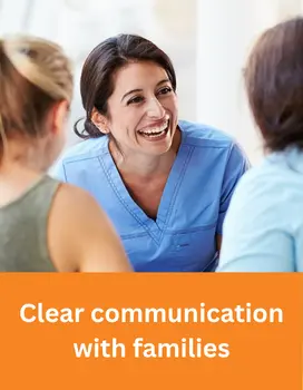 clear-communication-with-families-v Pediatric nurse communicating clearly with family members during home care visit in the USA