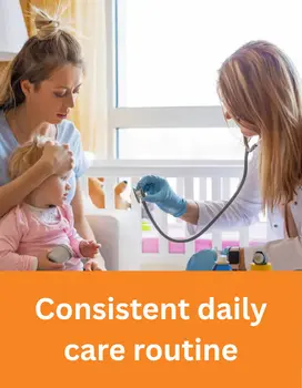 consistent-daily-care-routine-v Pediatric home care nurse performing daily care routine for child patient with parent present USA