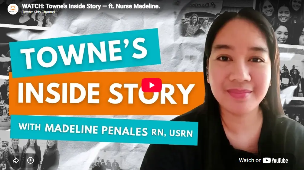 Thumbnail image for Towne Kids Channel’s YouTube video “Towne’s Inside Story — ft. Nurse Madeline.” It shows Nurse Madeline Penales, RN, USRN smiling beside bold text reading “Towne’s Inside Story,” with a collage of nurses and healthcare professionals in the background.